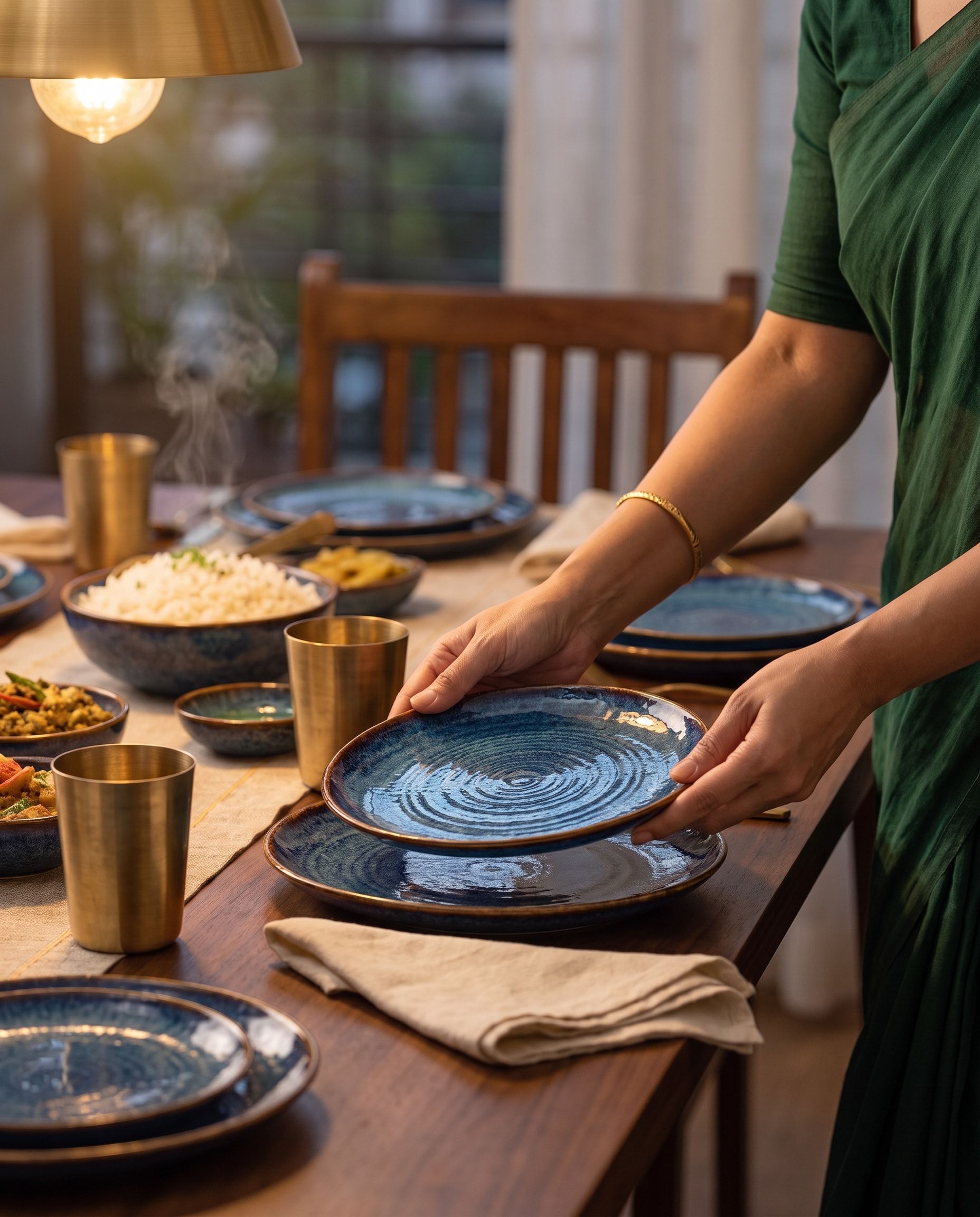 Hands in a green sari sleeve and a gold bangle setting one more blue-glazed plate at a table laid for dinner