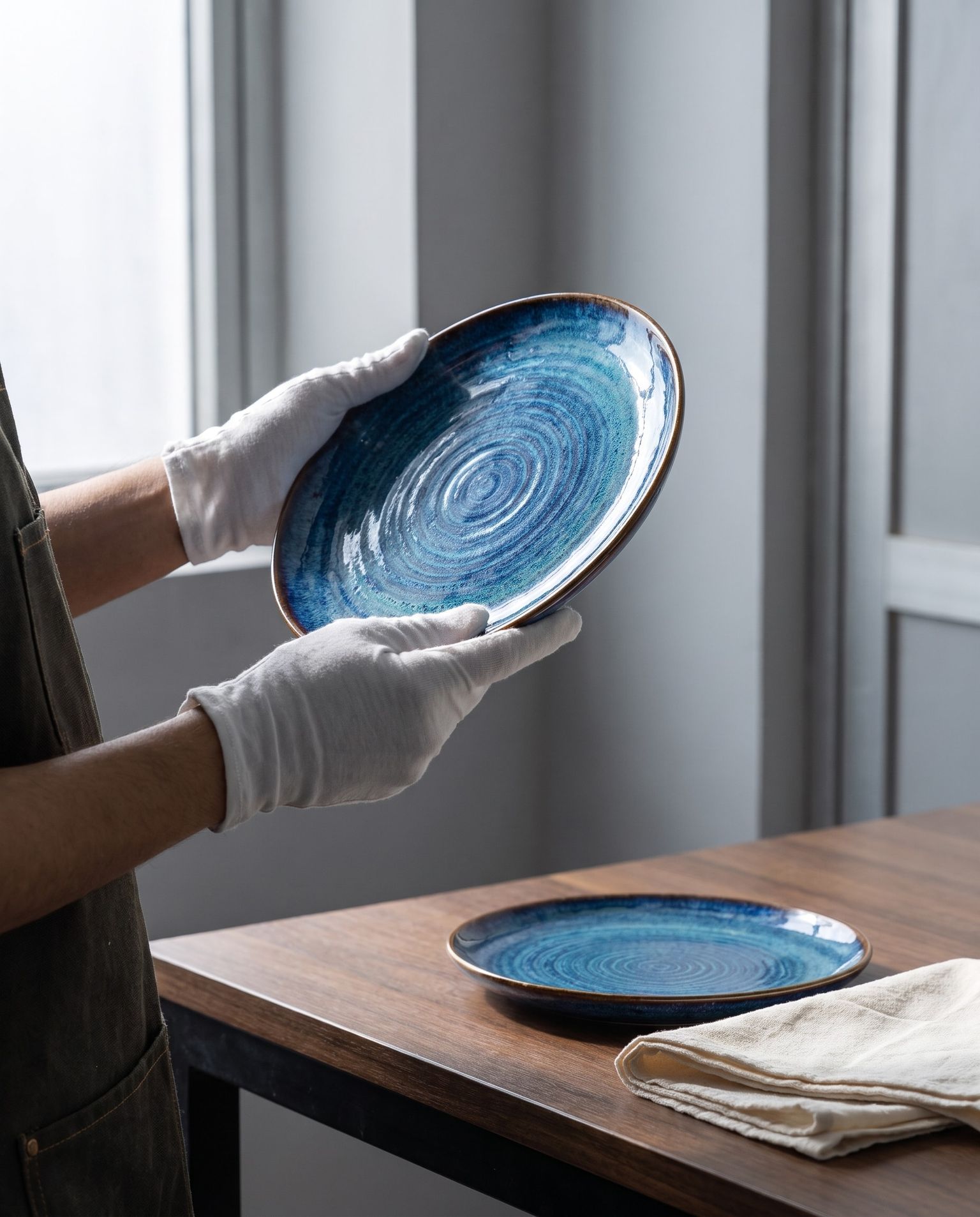 White-gloved hands holding a blue-glazed plate up to the window light, a second plate and a linen cloth on the table
